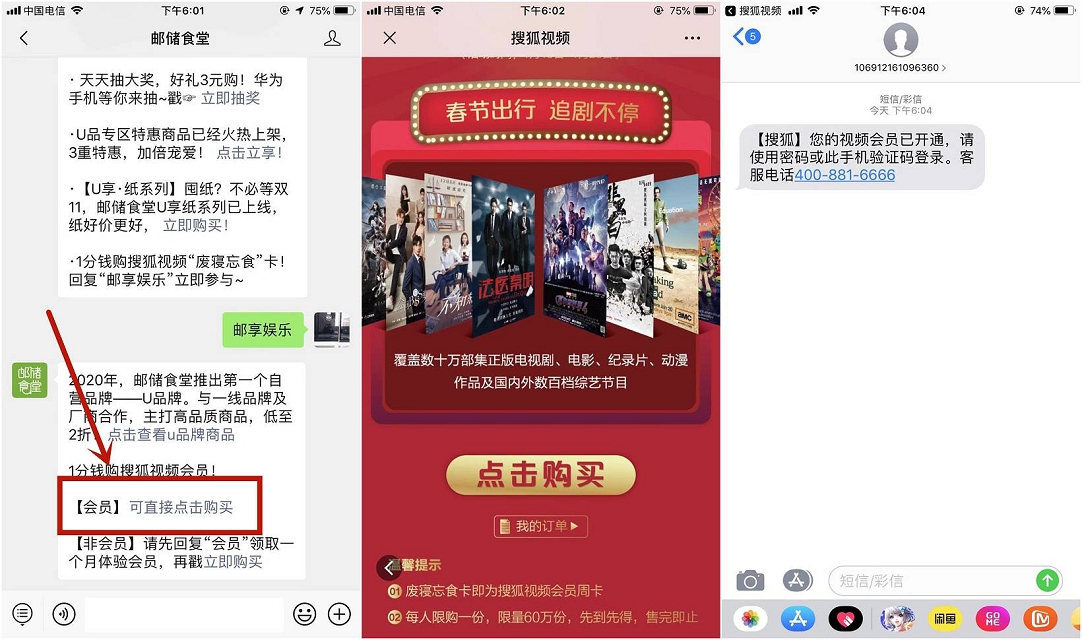 1分钱购买 7天搜狐视频会员 需要的上