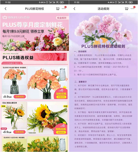 京东PLUS领鲜花特权 9.9元购买8枝康乃馨