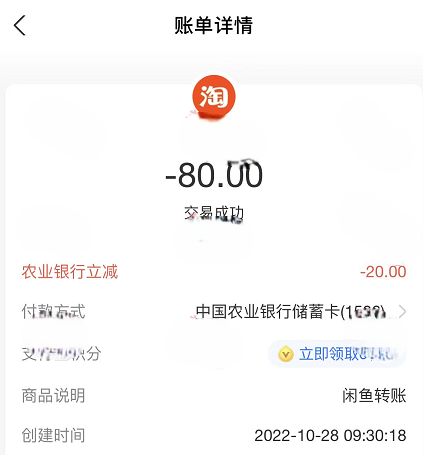 【湖南】农业银行淘宝闲鱼优惠购物满100减20