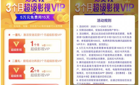 马上金融激活安逸花额度得1-3个月腾讯超级影视VIP 无需借款
