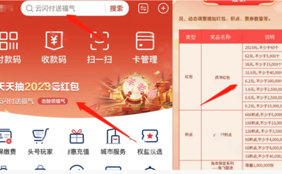云闪付击鼓送福气抽最高2023元通用红包、实物